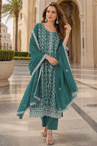 Emerald silk blend suit with embroidery & sequin work