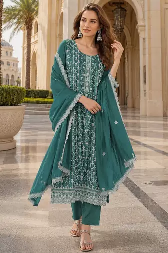 Emerald silk blend suit with embroidery & sequin work