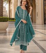 Emerald silk blend suit with embroidery & sequin work