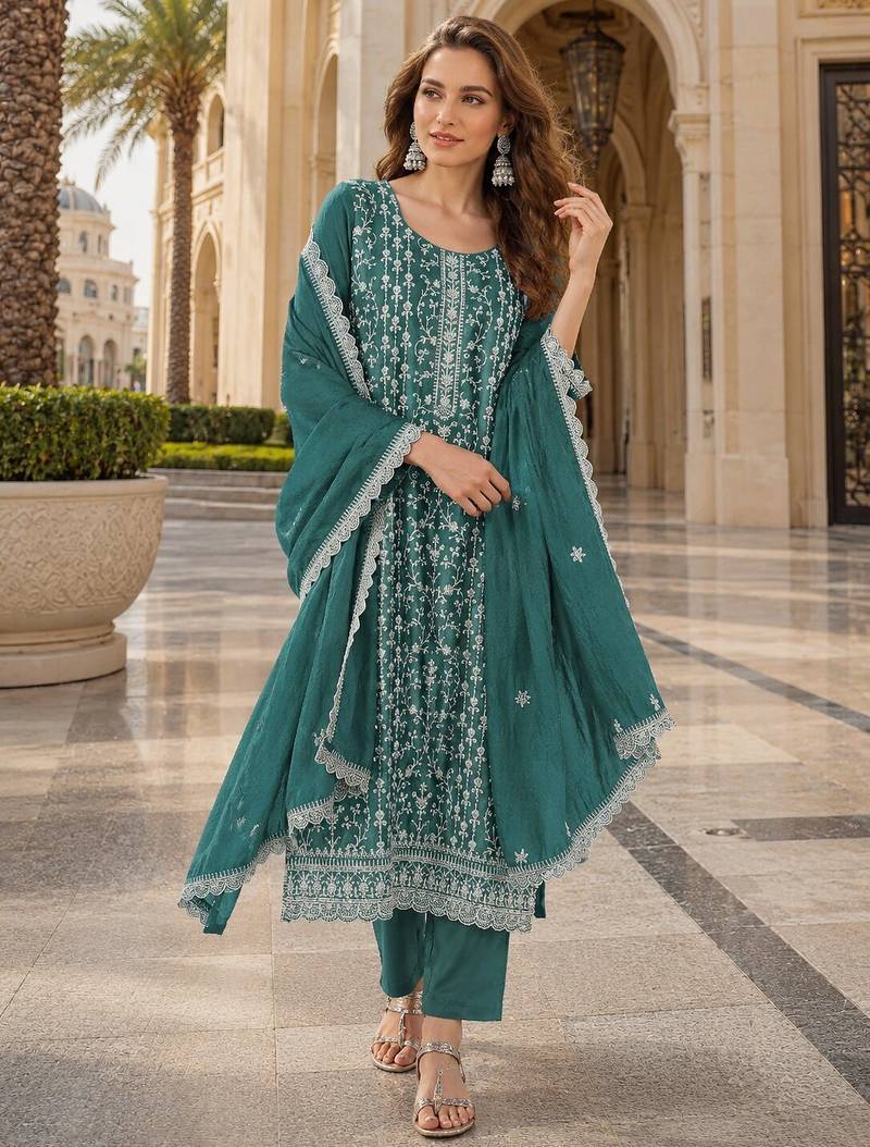 Emerald silk blend suit with embroidery & sequin work