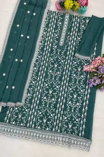 Emerald silk blend suit with embroidery & sequin work