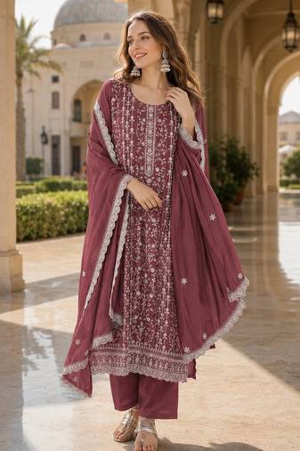 Maroon silk blend suit with embroidery & sequin work
