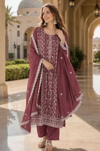 Maroon silk blend suit with embroidery & sequin work