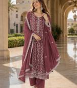 Maroon silk blend suit with embroidery & sequin work