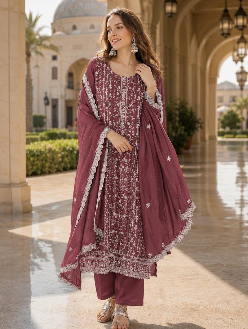 Maroon silk blend suit with embroidery & sequin work