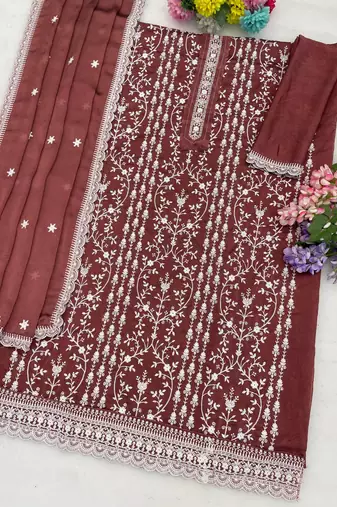 Maroon silk blend suit with embroidery & sequin work