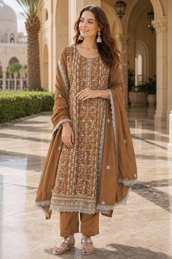 mustard silk blend suit with embroidery & sequin work