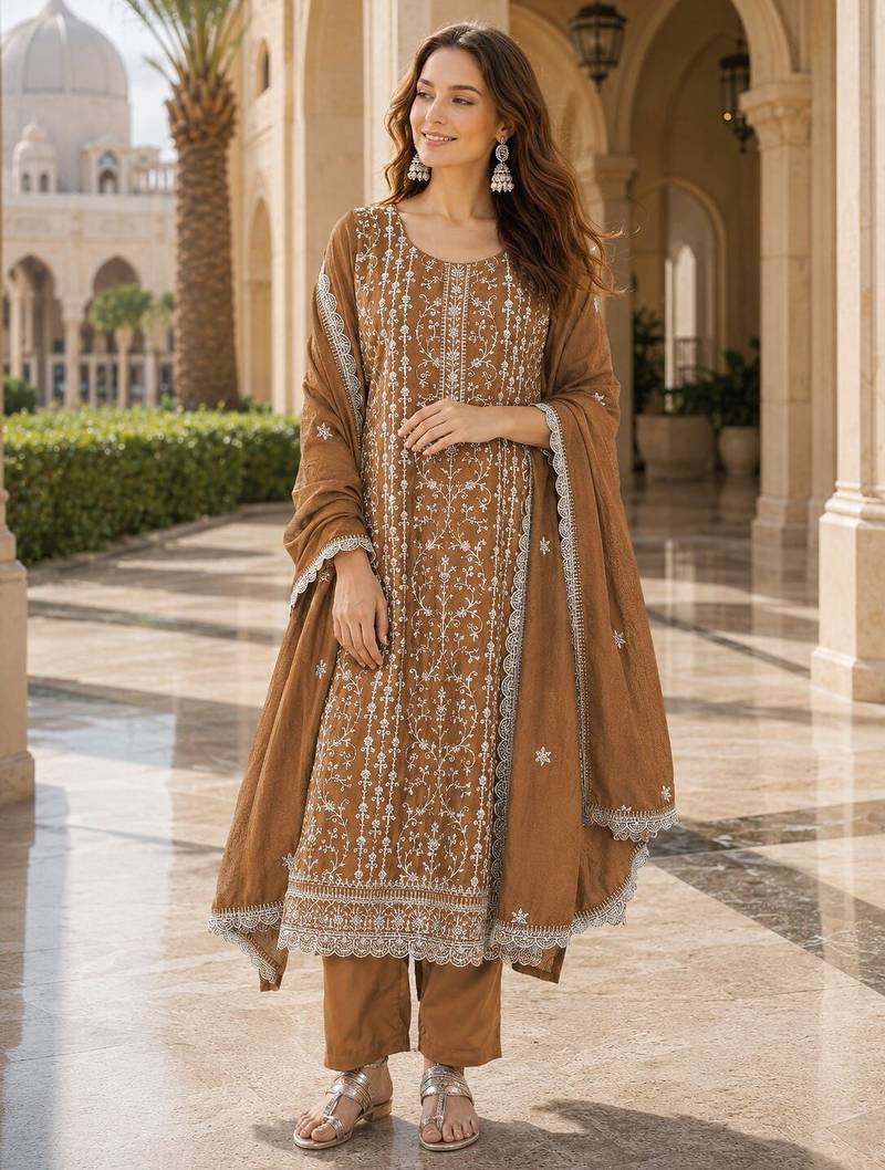 mustard silk blend suit with embroidery & sequin work