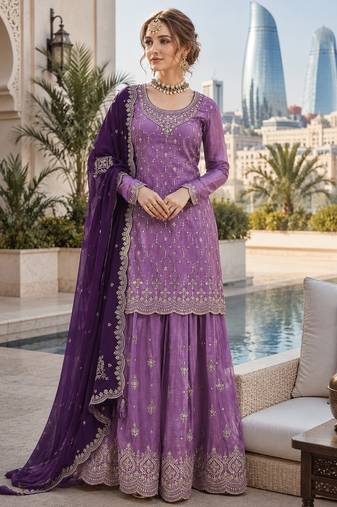 Lavender silk blend suit with embroidery sequin work