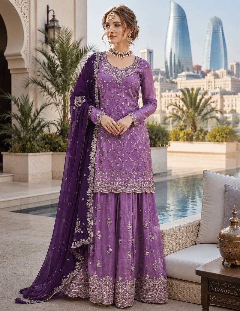 Lavender silk blend suit with embroidery sequin work