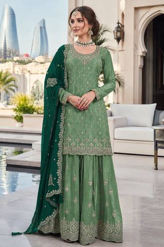 Green silk blend suit with embroidery sequin work