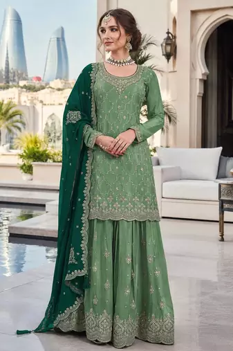 Green silk blend suit with embroidery sequin work