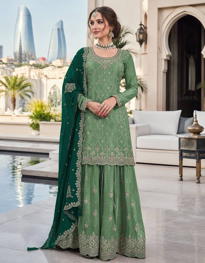 Green silk blend suit with embroidery sequin work