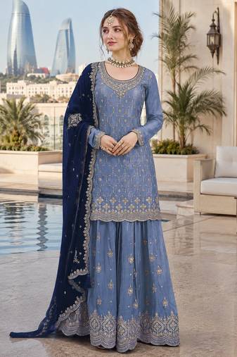 Blue silk blend suit with embroidery sequin work