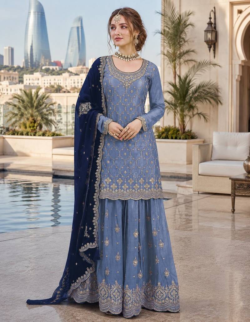 Blue silk blend suit with embroidery sequin work