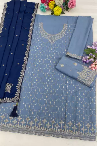Blue silk blend suit with embroidery sequin work