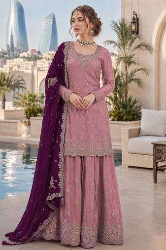 Pink silk blend suit with embroidery sequin work