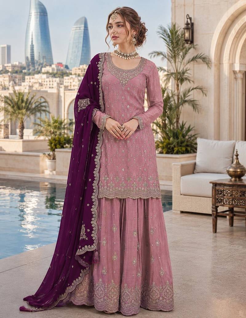 Pink silk blend suit with embroidery sequin work