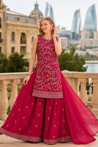 Red georgette suit with embroidery & sequin work