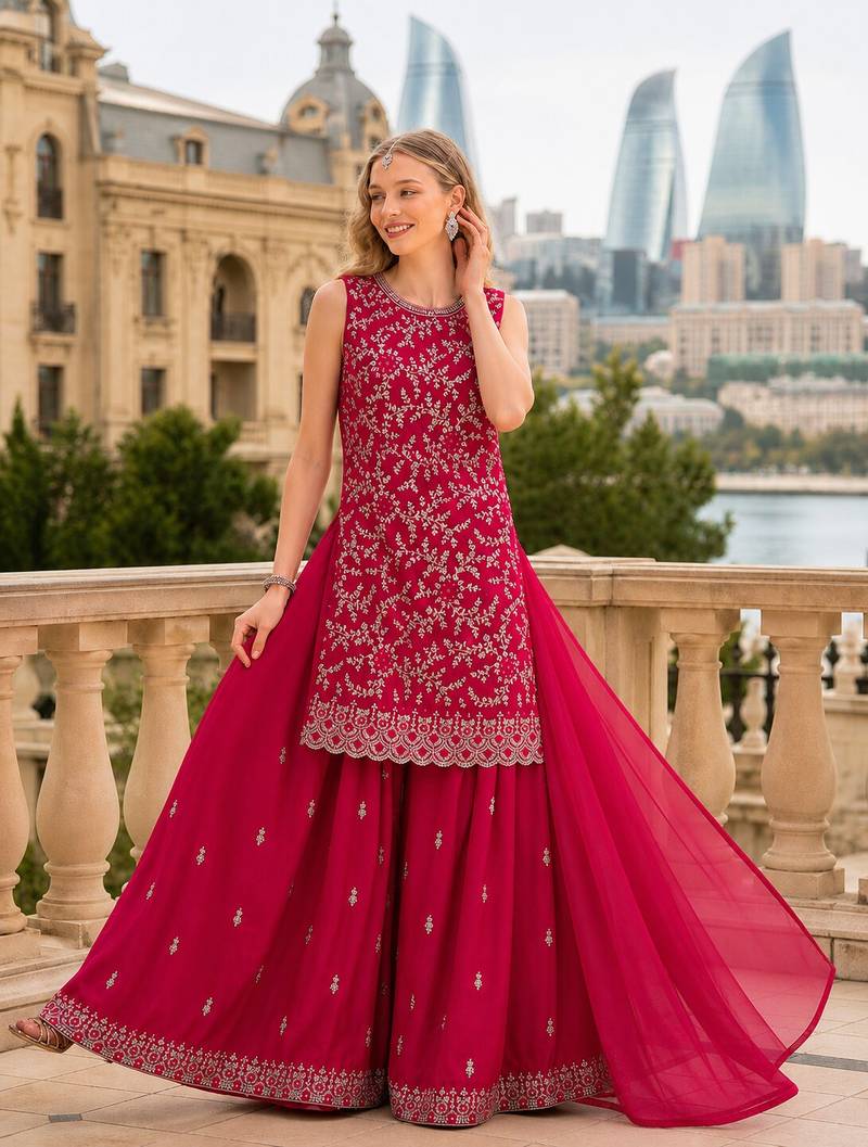 Red georgette suit with embroidery & sequin work