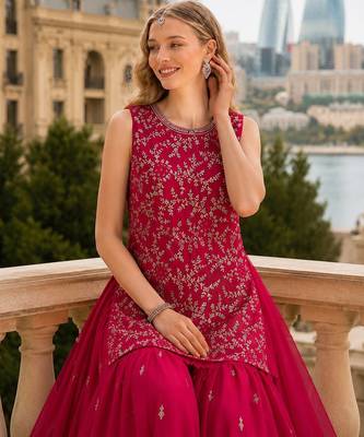 Red georgette suit with embroidery & sequin work 2
