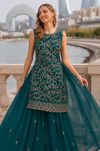 T green georgette suit with embroidery & sequin work