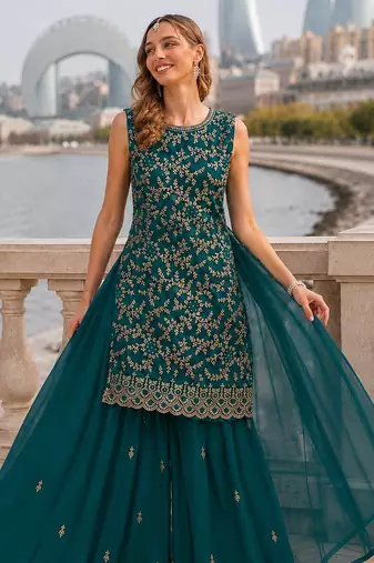 T green georgette suit with embroidery & sequin work