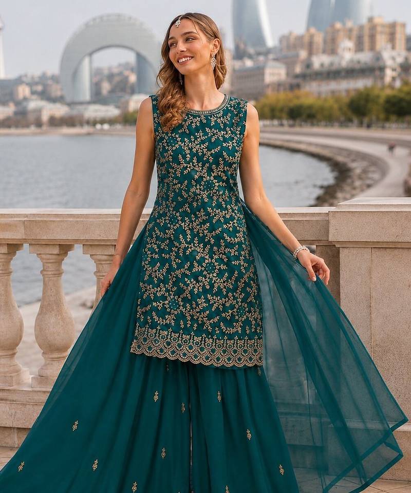 T green georgette suit with embroidery & sequin work