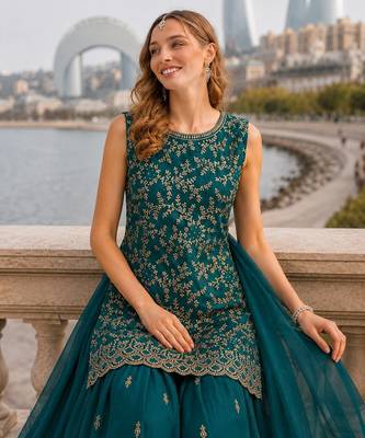 T green georgette suit with embroidery & sequin work 2