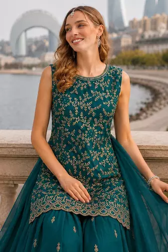 T green georgette suit with embroidery & sequin work