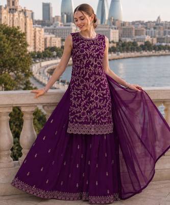 Purple georgette suit with embroidery & sequin work 1
