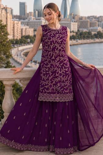 Purple georgette suit with embroidery & sequin work