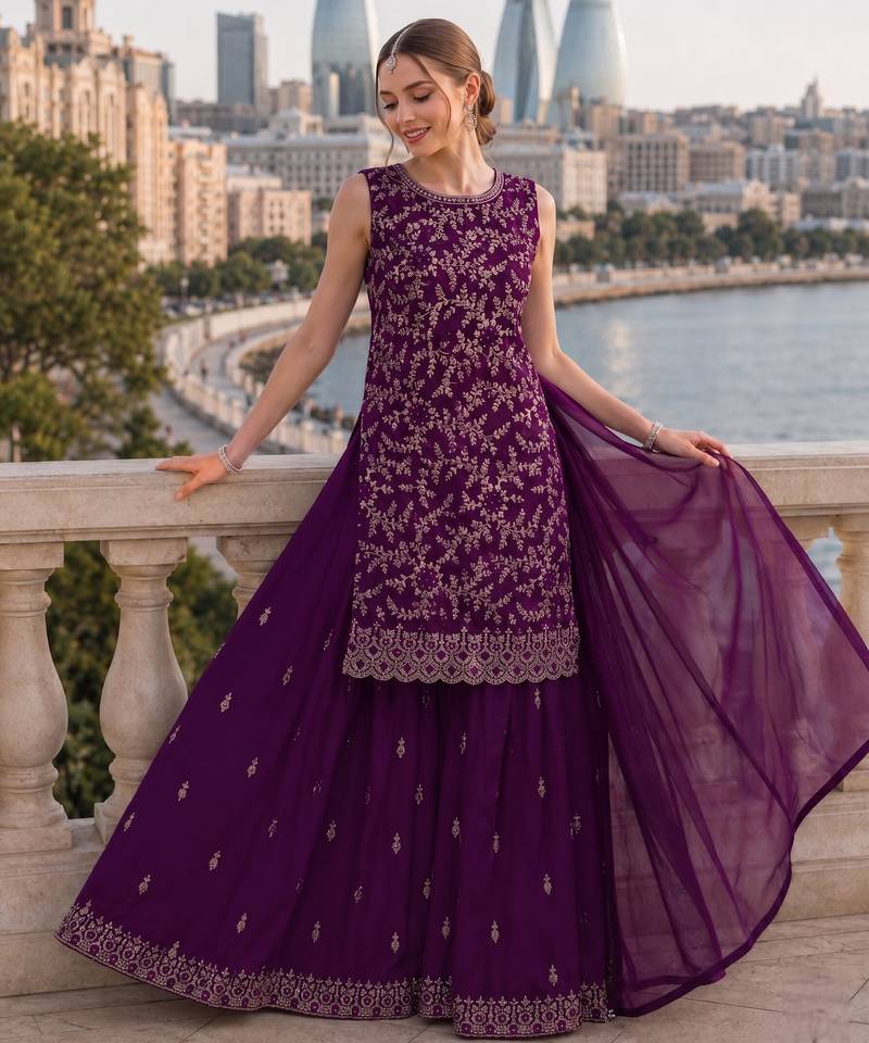 Purple georgette suit with embroidery & sequin work