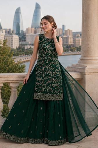 Black georgette semi stitched suit with embroidery & sequence work