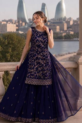 Violet georgette suit with embroidery & sequin work