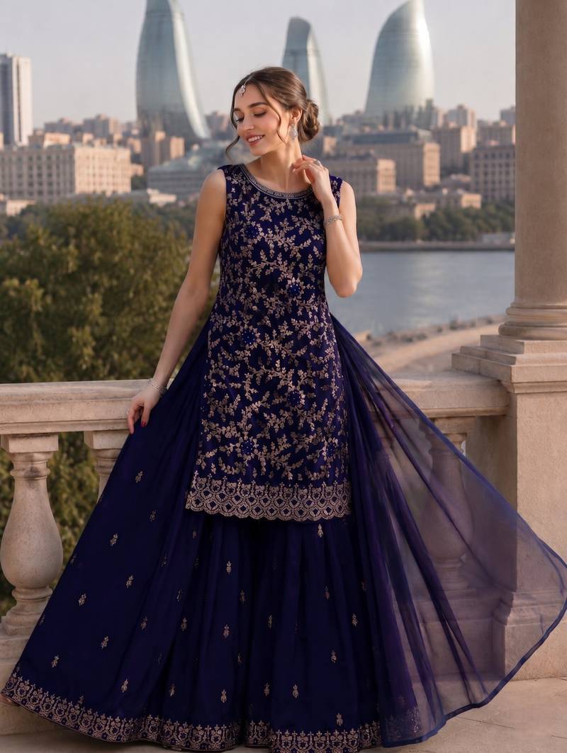Violet georgette suit with embroidery & sequin work