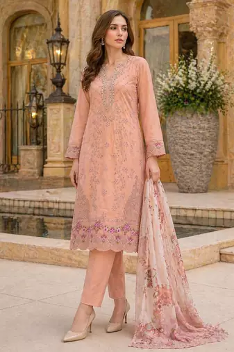 Pink faux georgette suit with embroidery work