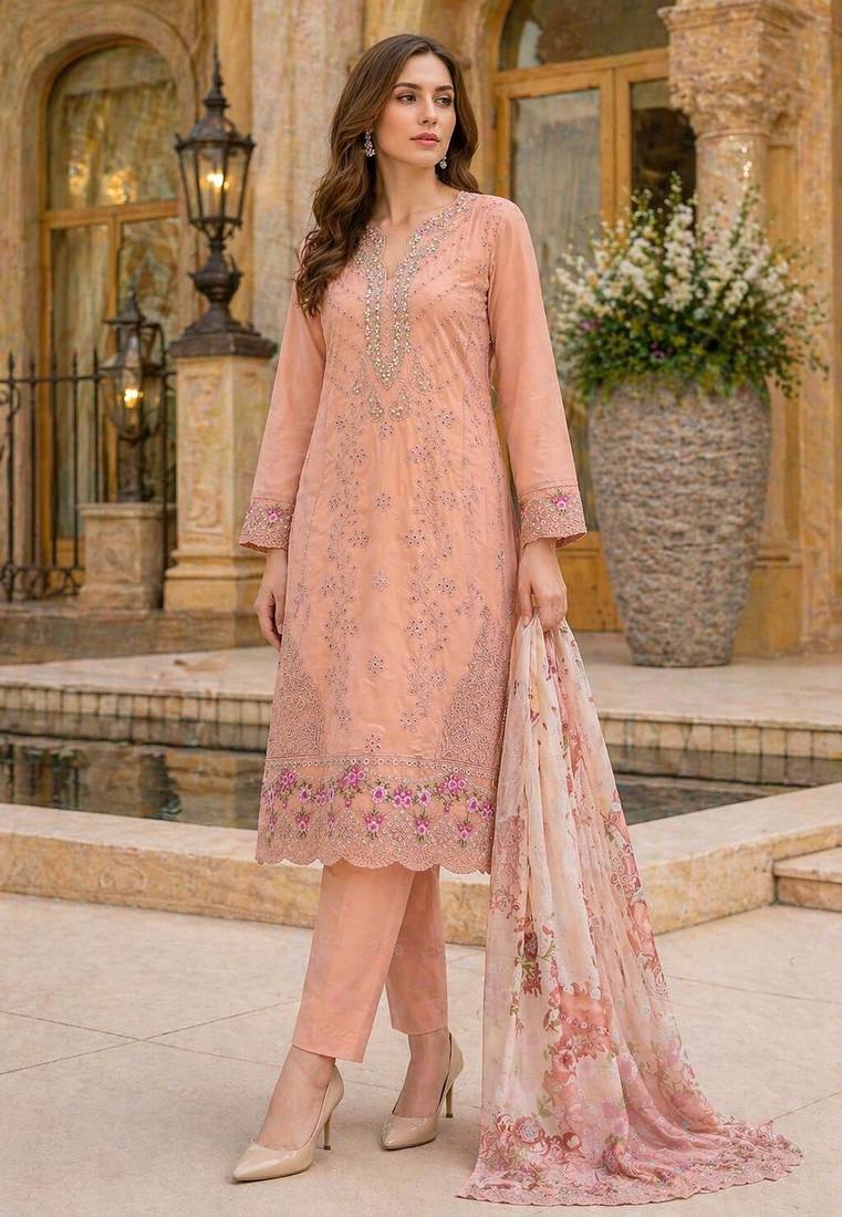 Pink faux georgette suit with embroidery work