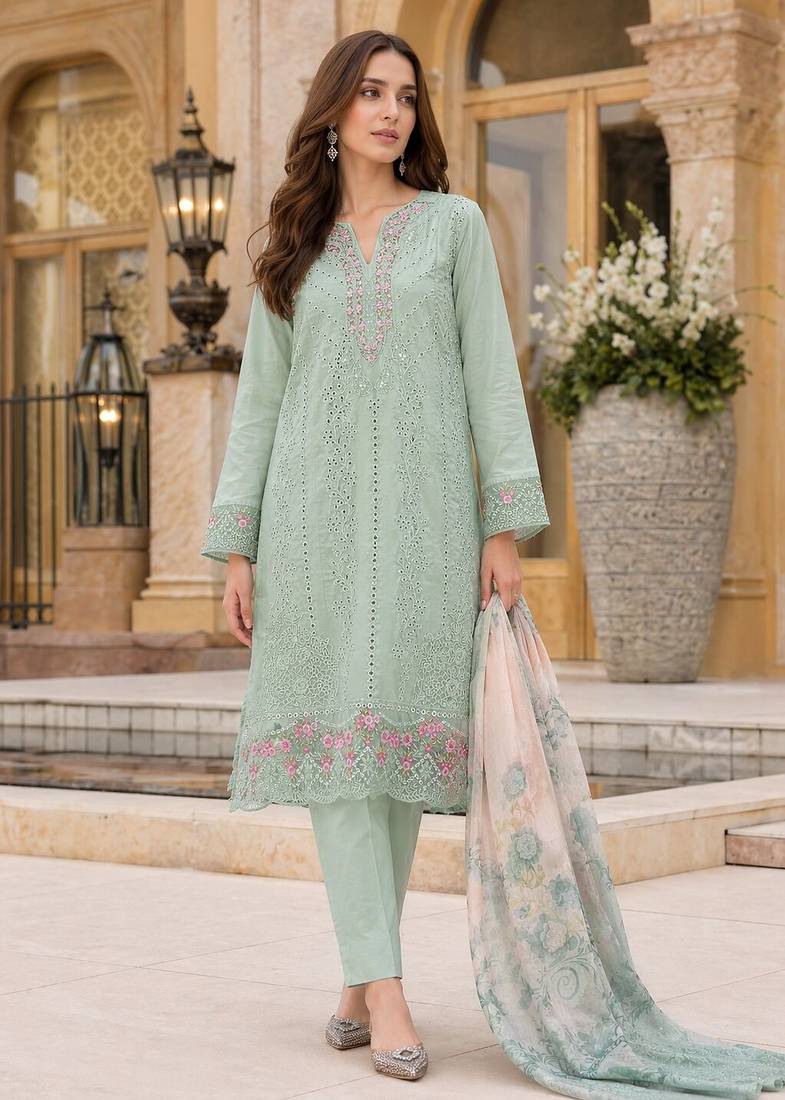 Sky faux georgette suit with embroidery work