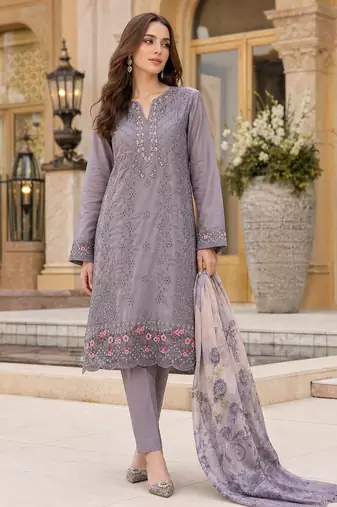 Grey faux georgette suit with embroidery work