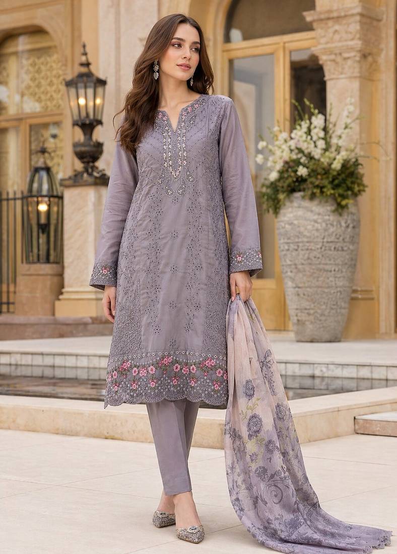 Grey faux georgette suit with embroidery work
