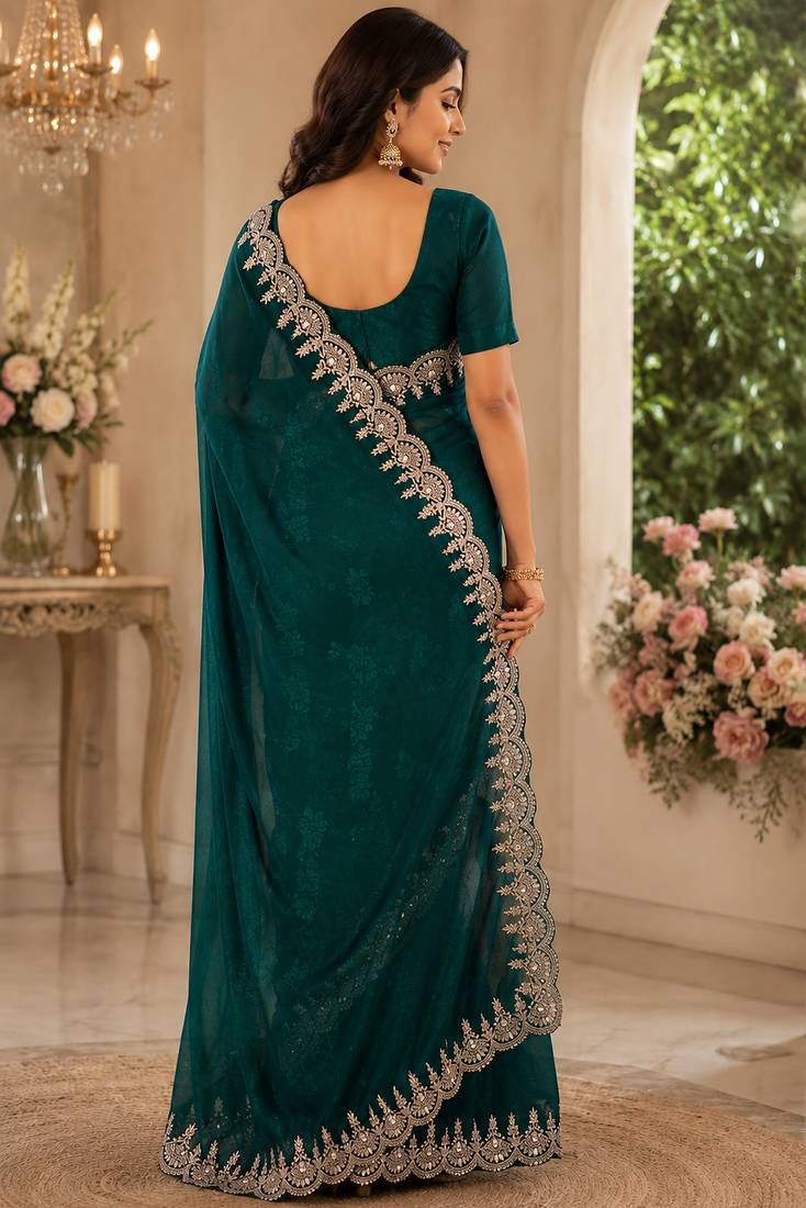 teal green embroidered party wear shimmer chiffon saree with silver scalloped border for women