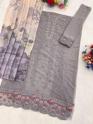 Grey faux georgette suit with embroidery work 2