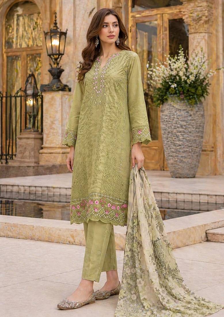 Mehendi faux georgette suit with embroidery work