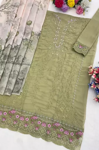 Mehendi faux georgette suit with embroidery work