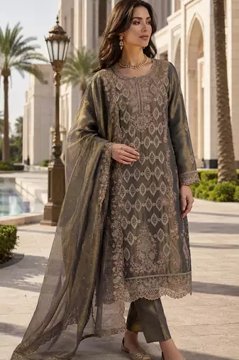 green silk blend suit with embroidery & sequin work