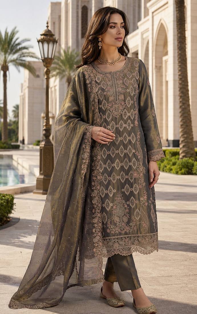 green silk blend suit with embroidery & sequin work