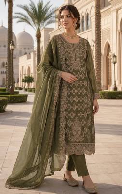 Mehendi silk blend suit with embroidery & sequin work 1