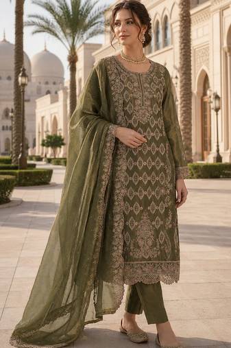Mehendi silk blend suit with embroidery & sequin work