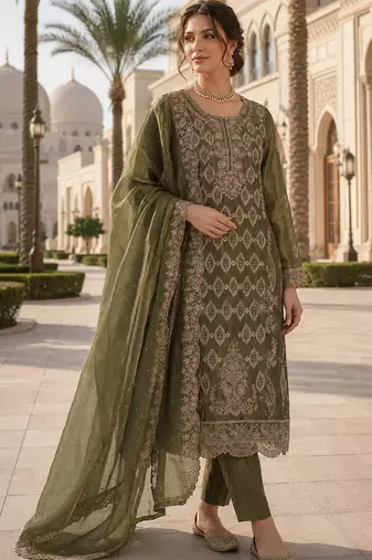 Mehendi silk blend suit with embroidery & sequin work